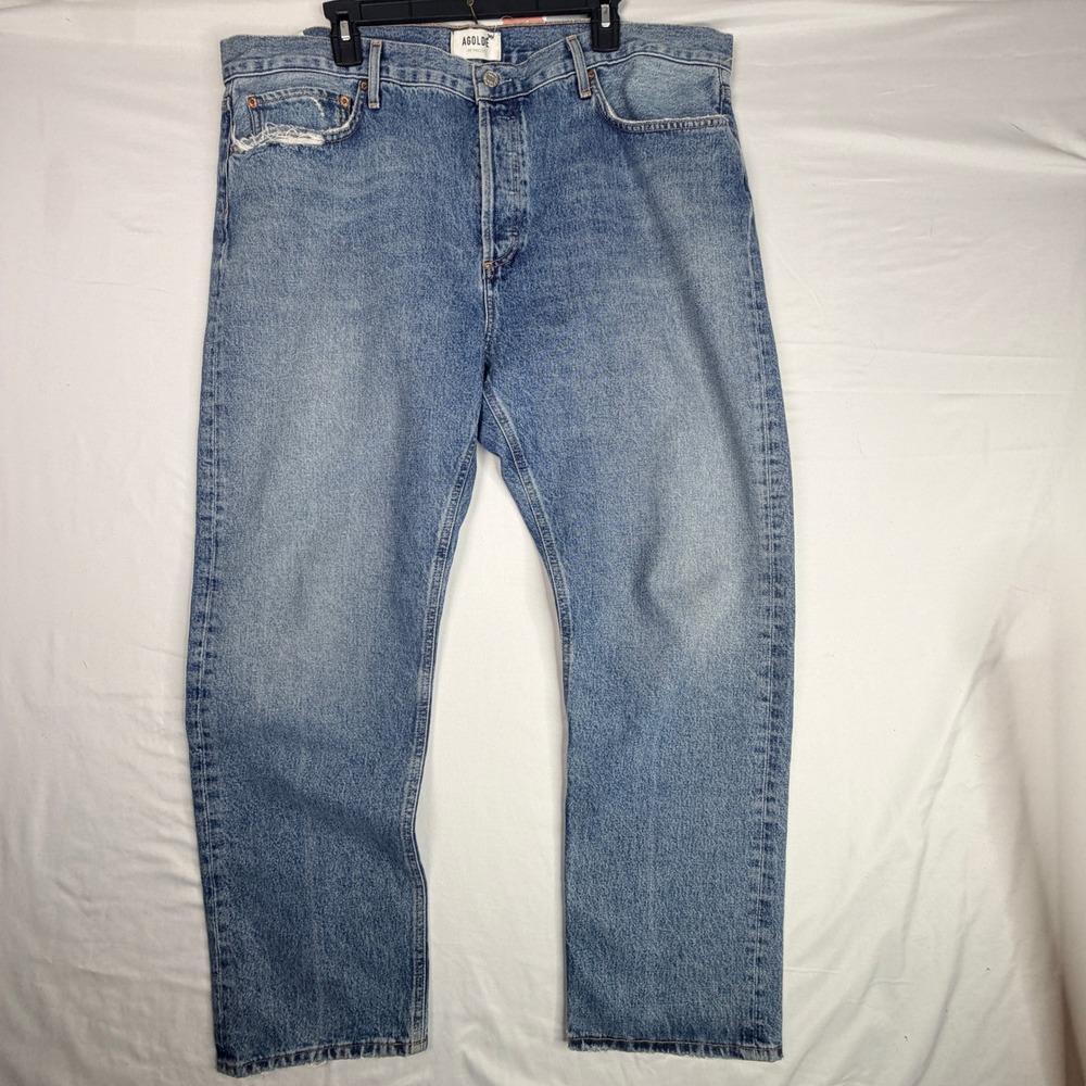 AGOLDE Los Angeles Men Straight Leg Blue Jeans Medium Wash Button Fly Distressed